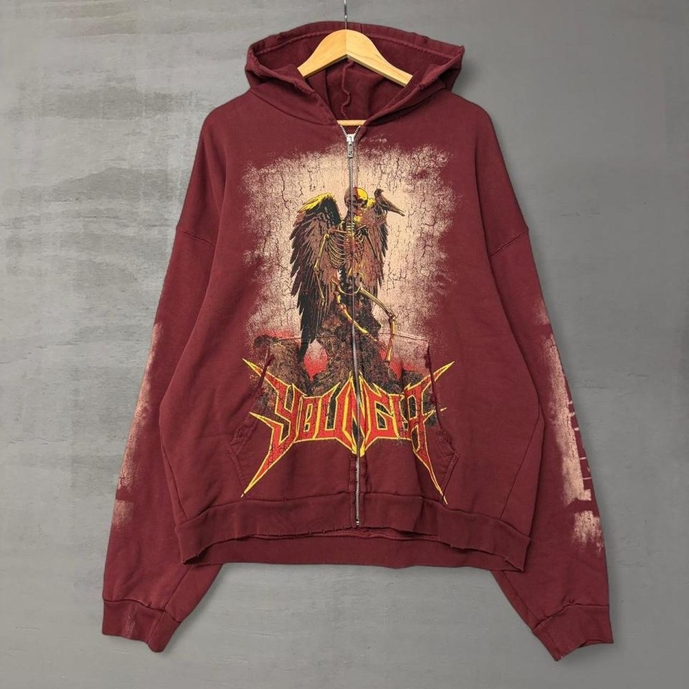 YoungLA Nocternal Zip Up Hoodie Maroon Skeleton Wing Graphic Distressed Y2K XL